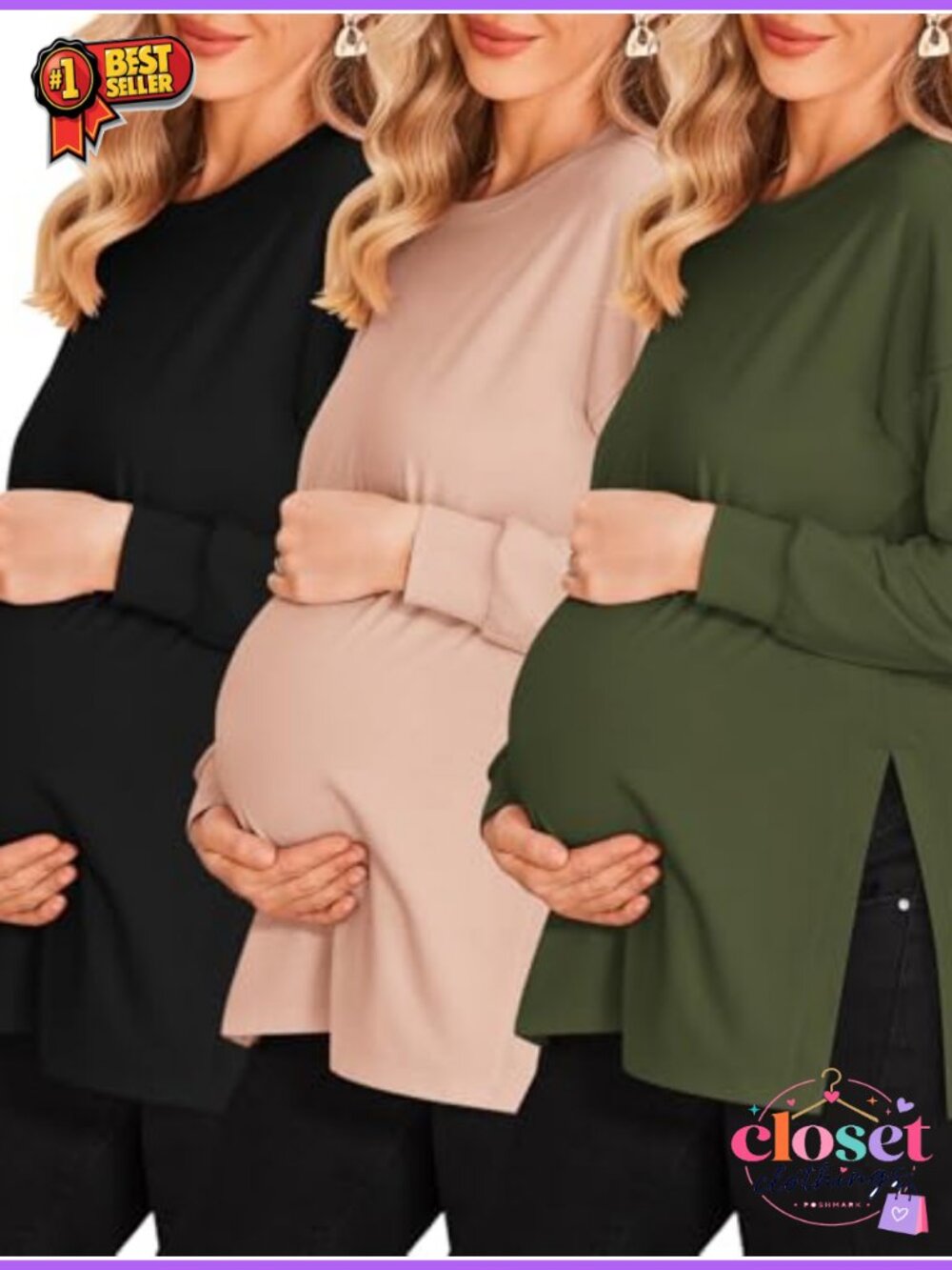 3 Pack Maternity Shirts Side Ruched Pregnancy Workout Tops Crew Neck Long